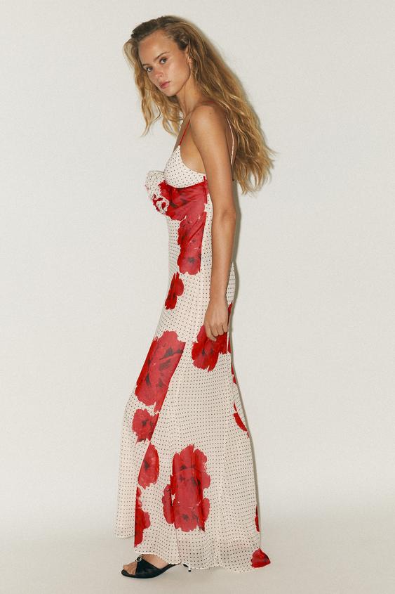 Zoa Floral Print Polka Dot Long Strappy Dress