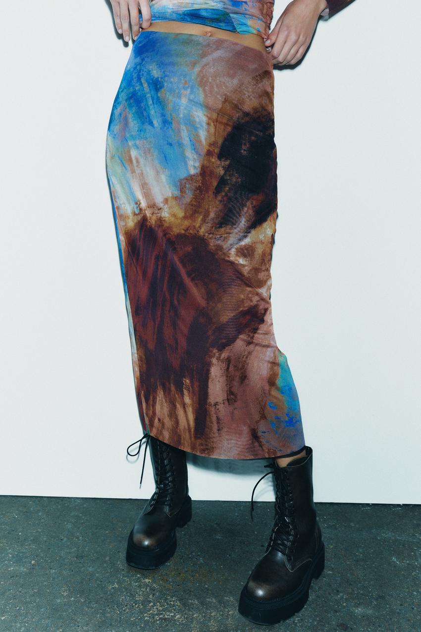 Tropical Print One Shoulder Ruched Mesh Top & Skirt Coord Set