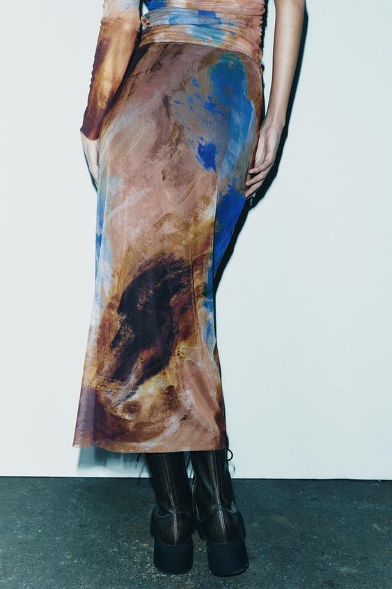 Tropical Print One Shoulder Ruched Mesh Top & Skirt Coord Set