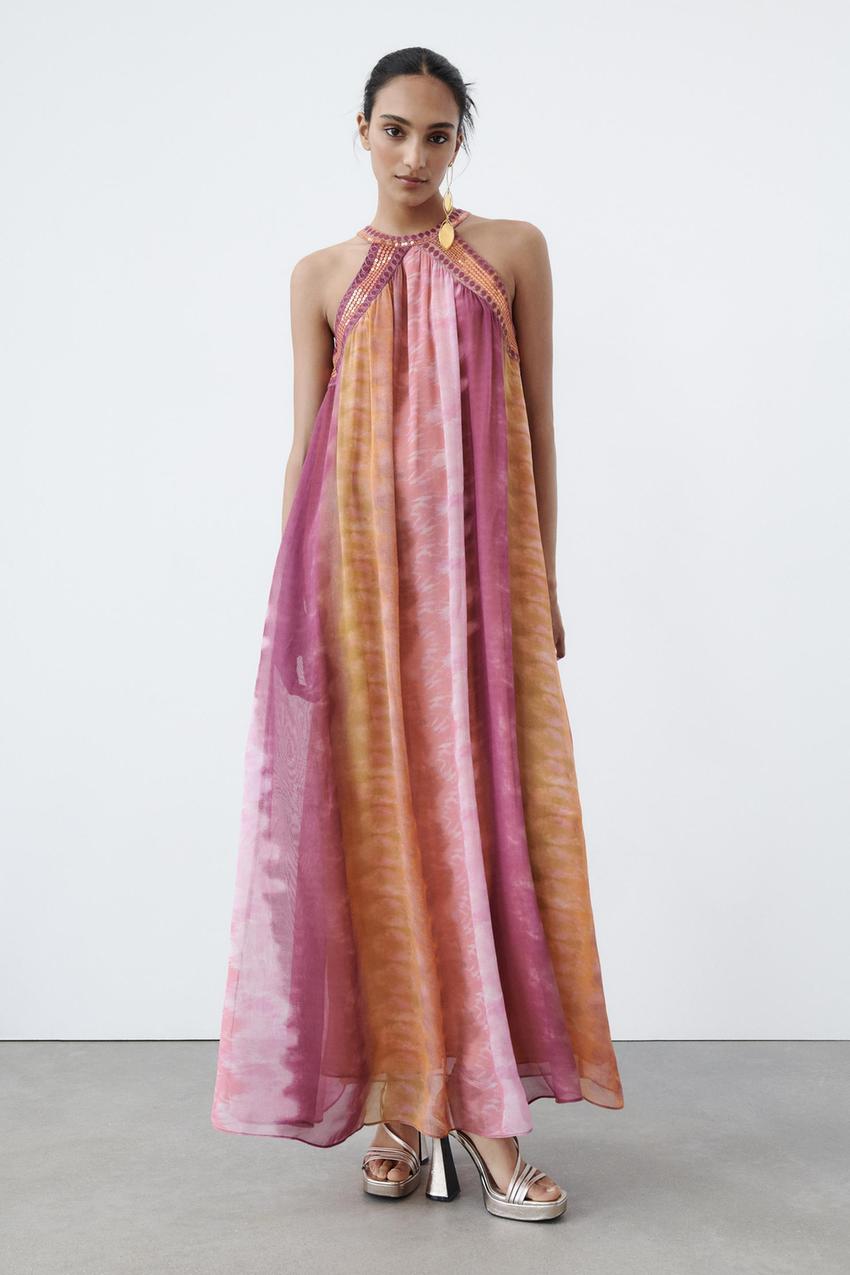 Kate Tie-Dye Maxi Dress With Sequins Round Neck