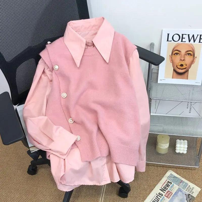 Ruth Women Candy Color Knitted Vest Shirt Set