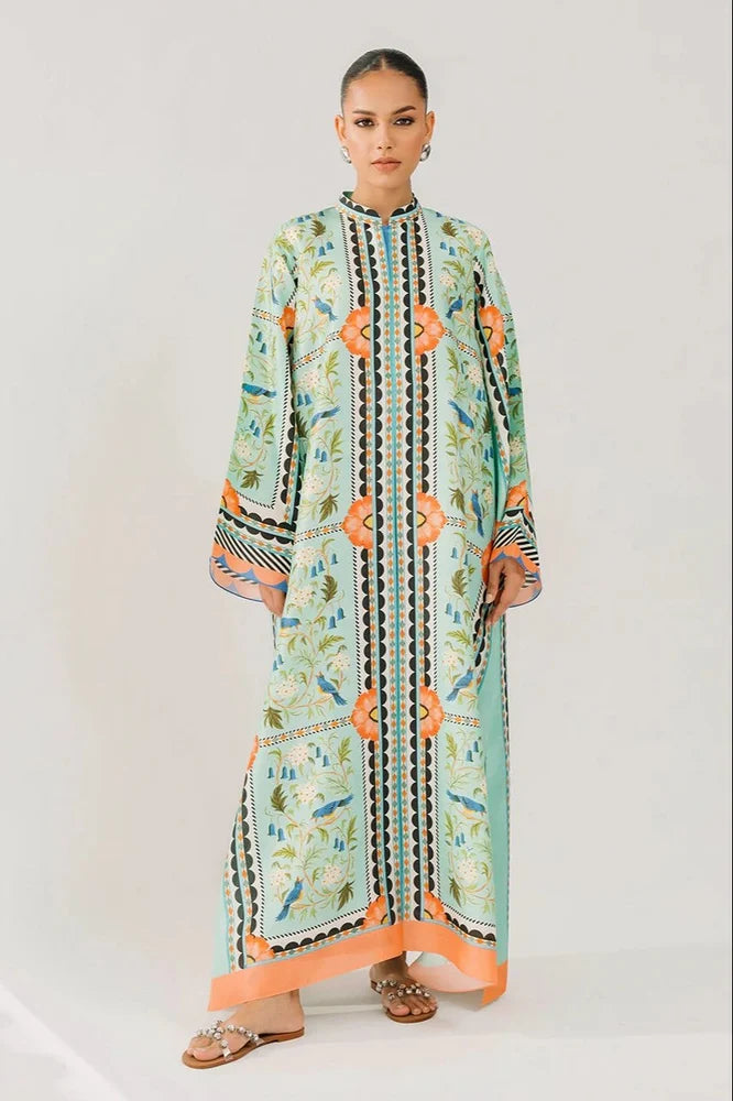 Mint Green & Orange Fashionable Floral Patterned Long Kaftan Dress
