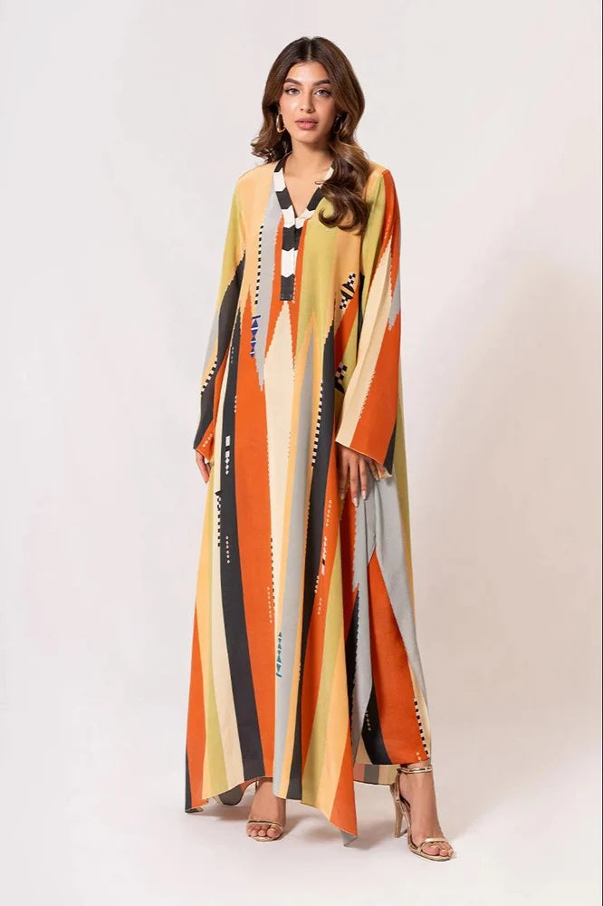 Multi Color Modern Geometric Orange & Yellow Fusion Kaftan Dress With Pants Co-Ord Set