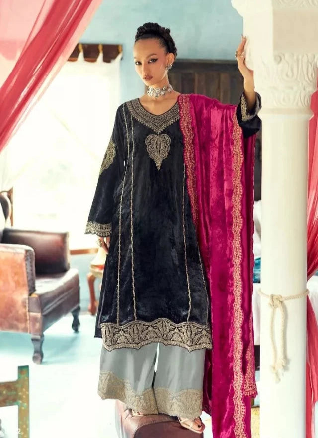 Velvet Zari & Sequins Un-Stitched Suit Set