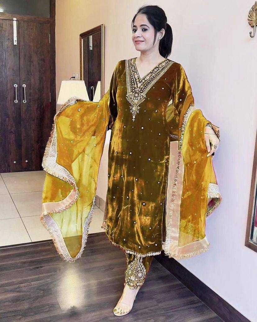 Kashmiri Velvet Embroidered Palazzo Ladies Silk Suit