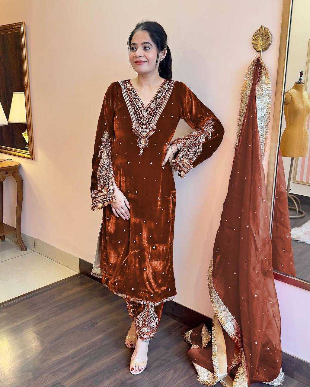 Kashmiri Velvet Embroidered Palazzo Ladies Silk Suit