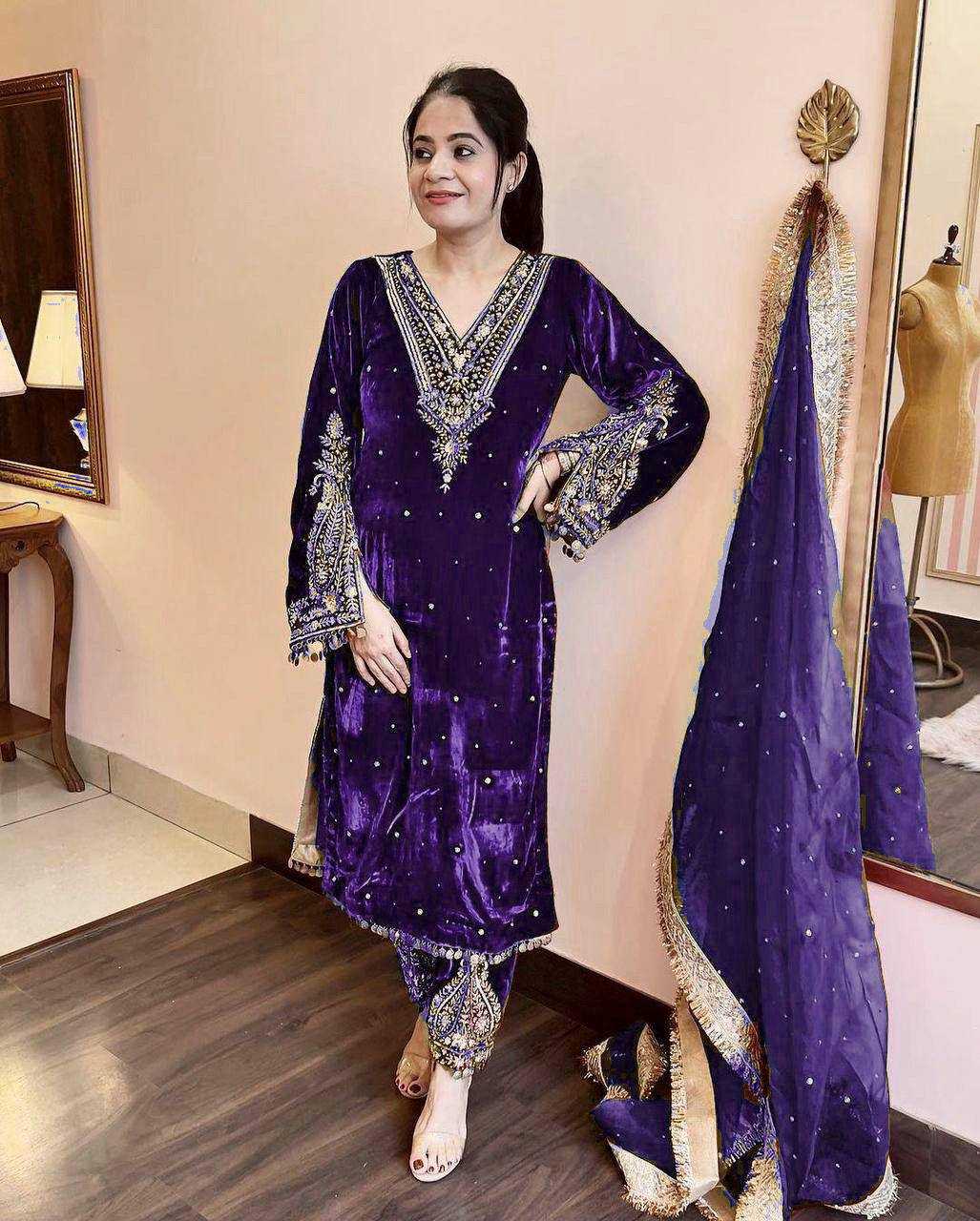 Kashmiri Velvet Embroidered Palazzo Ladies Silk Suit