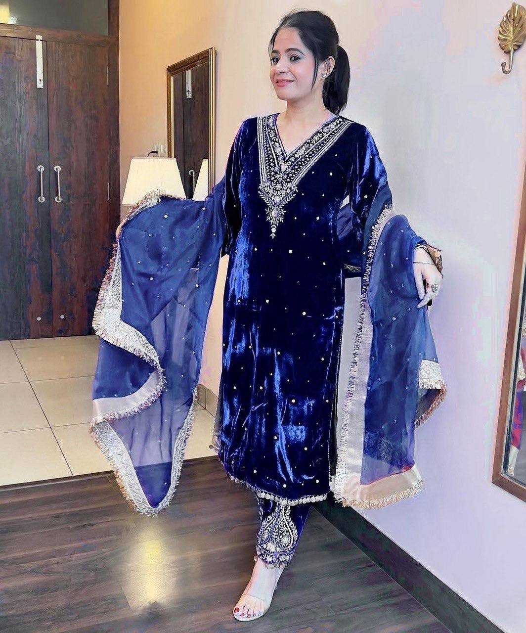 Kashmiri Velvet Embroidered Palazzo Ladies Silk Suit