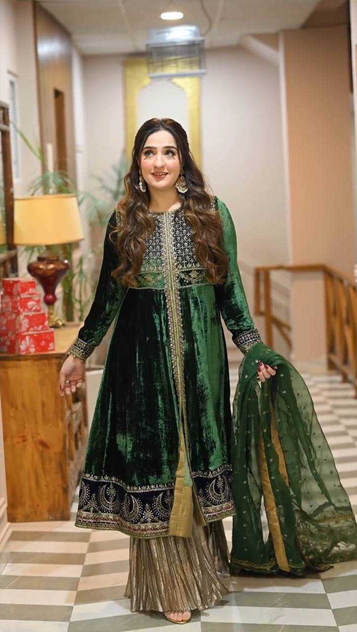 Velvet Embroidery Ladies Silk Anarkali Zari Work Palazzo Suits