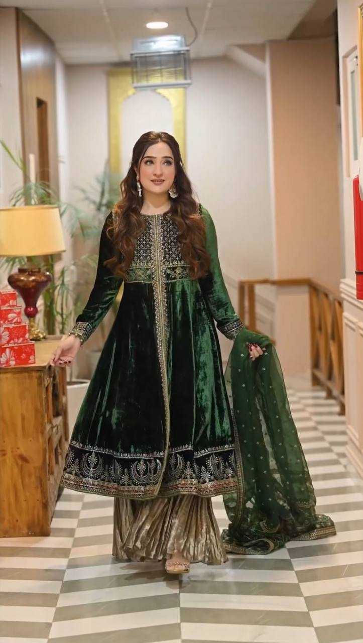 Velvet Embroidery Ladies Silk Anarkali Zari Work Palazzo Suits