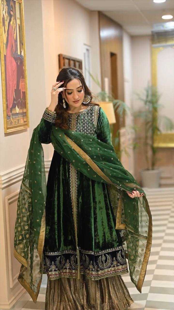 Velvet Embroidery Ladies Silk Anarkali Zari Work Palazzo Suits