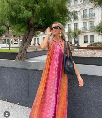 Kate Tie-Dye Maxi Dress With Sequins Round Neck