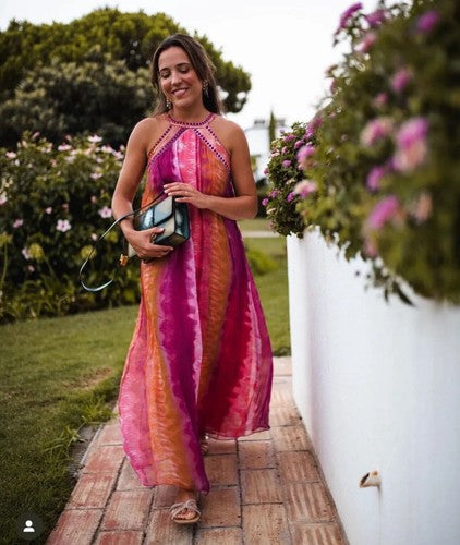 Kate Tie-Dye Maxi Dress With Sequins Round Neck