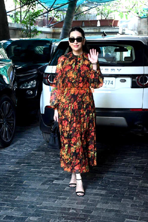 Pleated Red Floral Printed Midi Dress