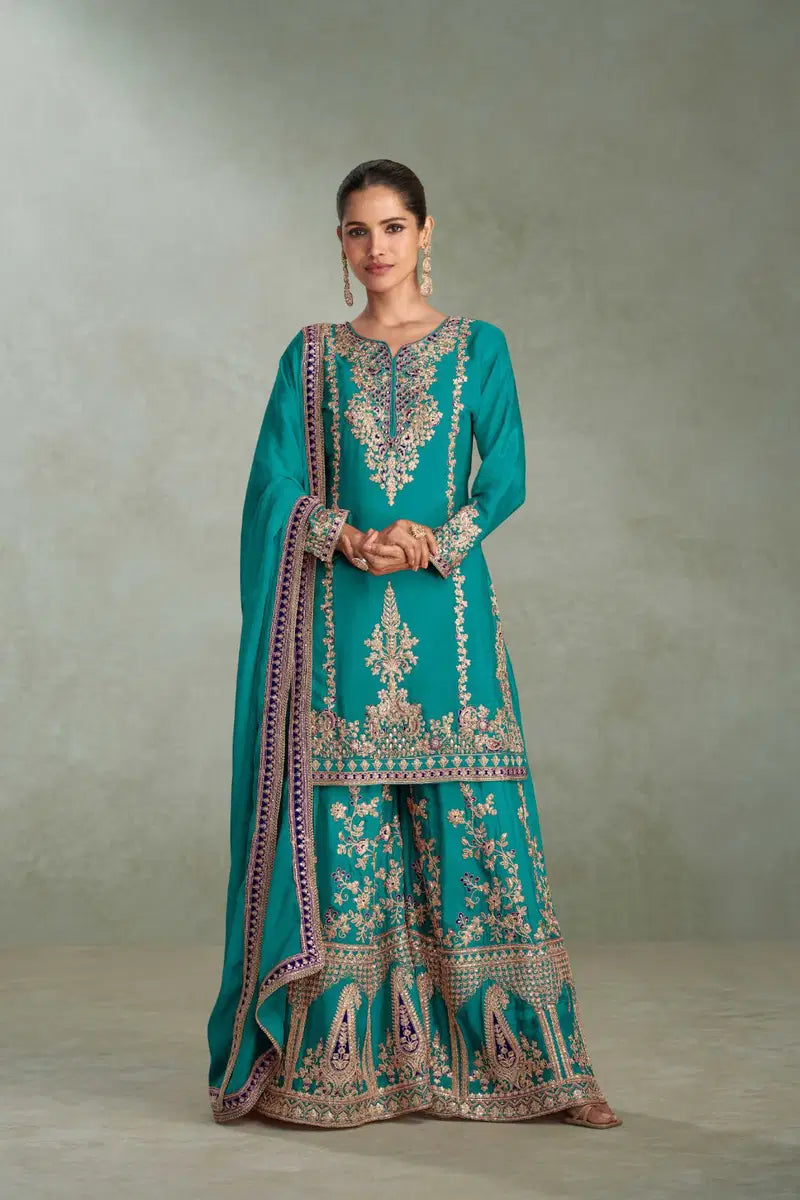 Devaki Elegant Real Chinon Embroidery Work And Hand Work Sharara Suit