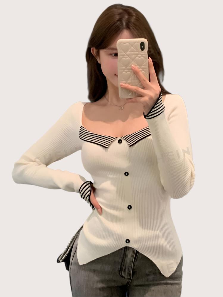 Slit Fitted Minimalist Knitted Sweater For Women