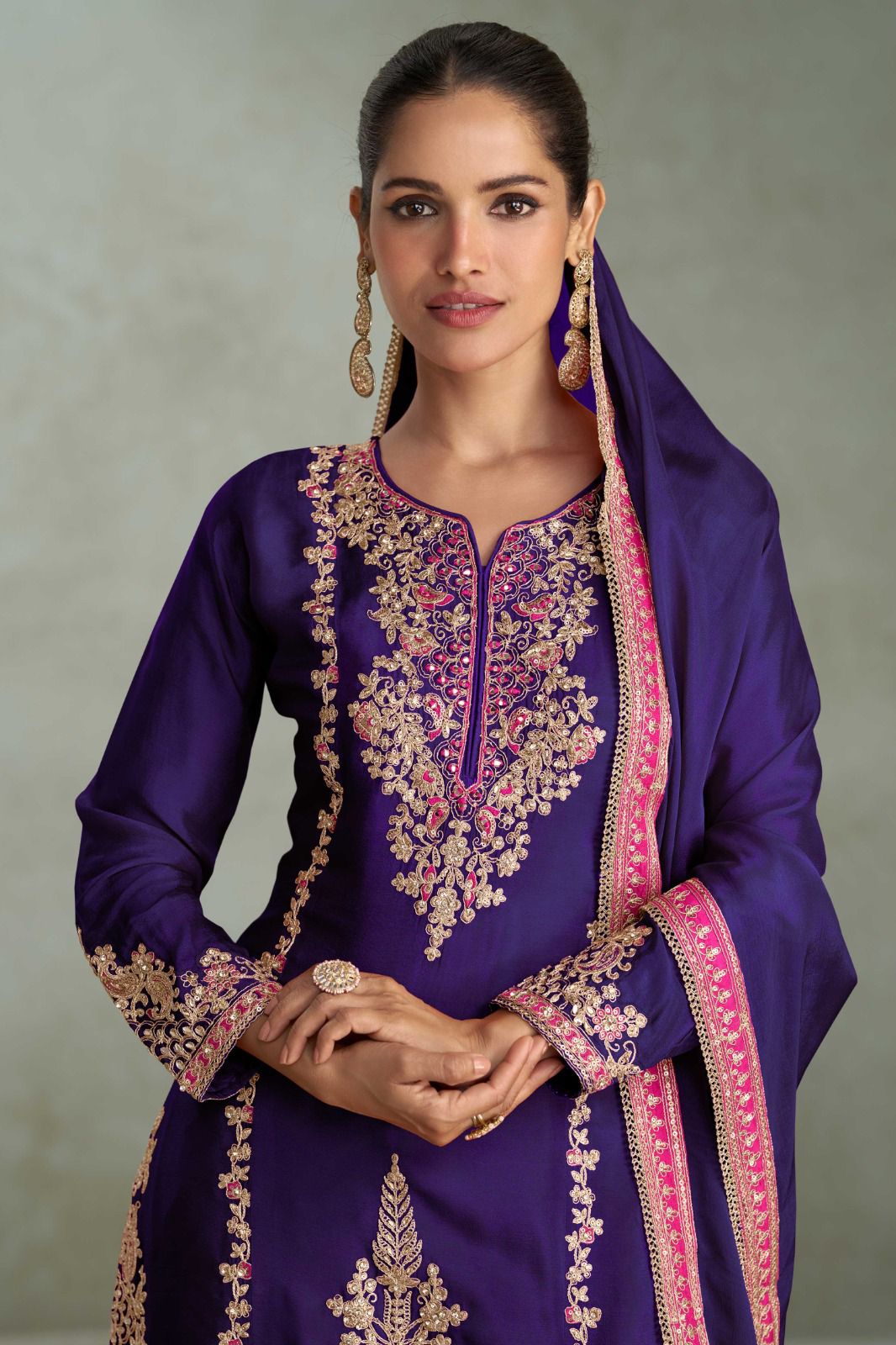 Devaki Purple Elegant Real Chinon Embroidery Work And Hand Work Sharara Suit