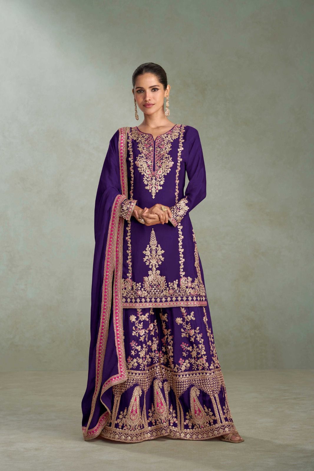 Devaki Purple Elegant Real Chinon Embroidery Work And Hand Work Sharara Suit