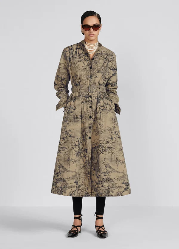Elegant Long-Sleeve Trench Dress With Intricate Nature Print