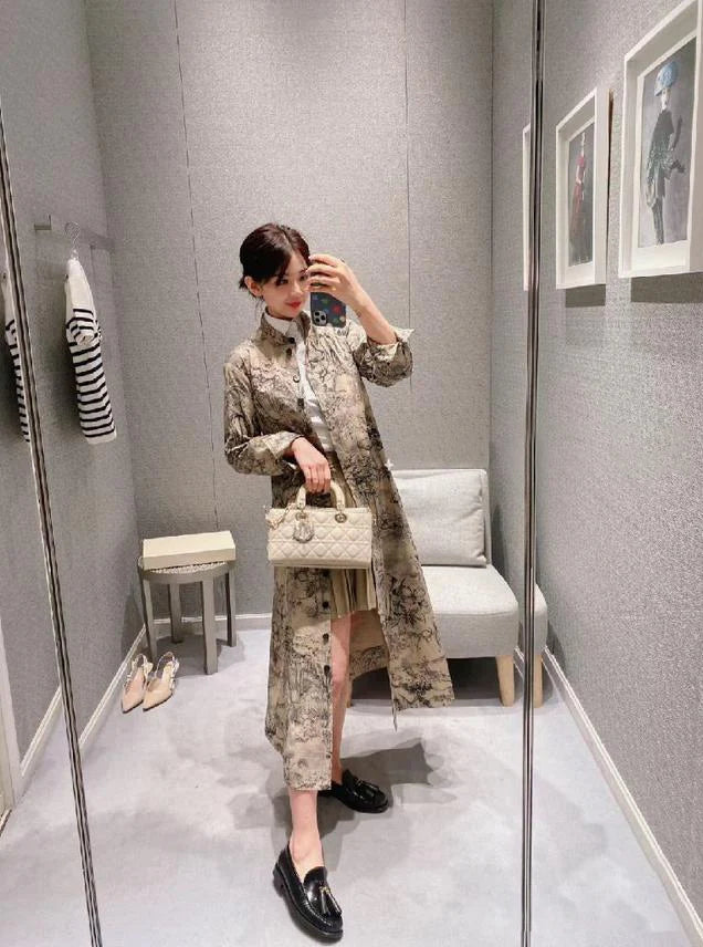 Elegant Long-Sleeve Trench Dress With Intricate Nature Print
