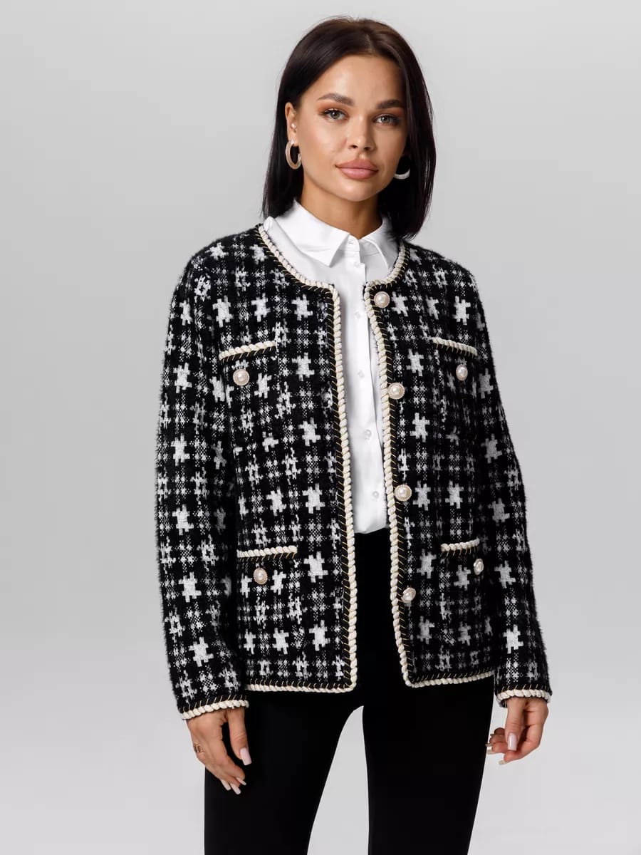 Tweed Jacket With Round Neck for Women with Pockets - Black and White