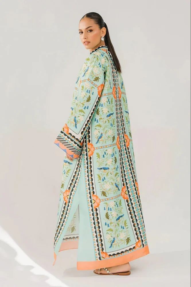 Mint Green & Orange Fashionable Floral Patterned Long Kaftan Dress