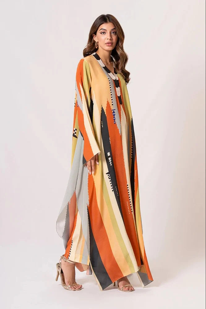 Multi Color Modern Geometric Orange & Yellow Fusion Kaftan Dress With Pants Co-Ord Set