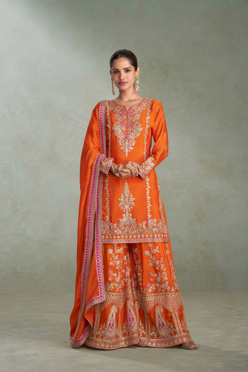 Devaki Orange Elegant Real Chinon Embroidery Work And Hand Work Sharara Suit