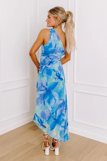 One Shoulder Pleated Maxi Dress: Blue Multi