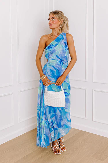 One Shoulder Pleated Maxi Dress: Blue Multi