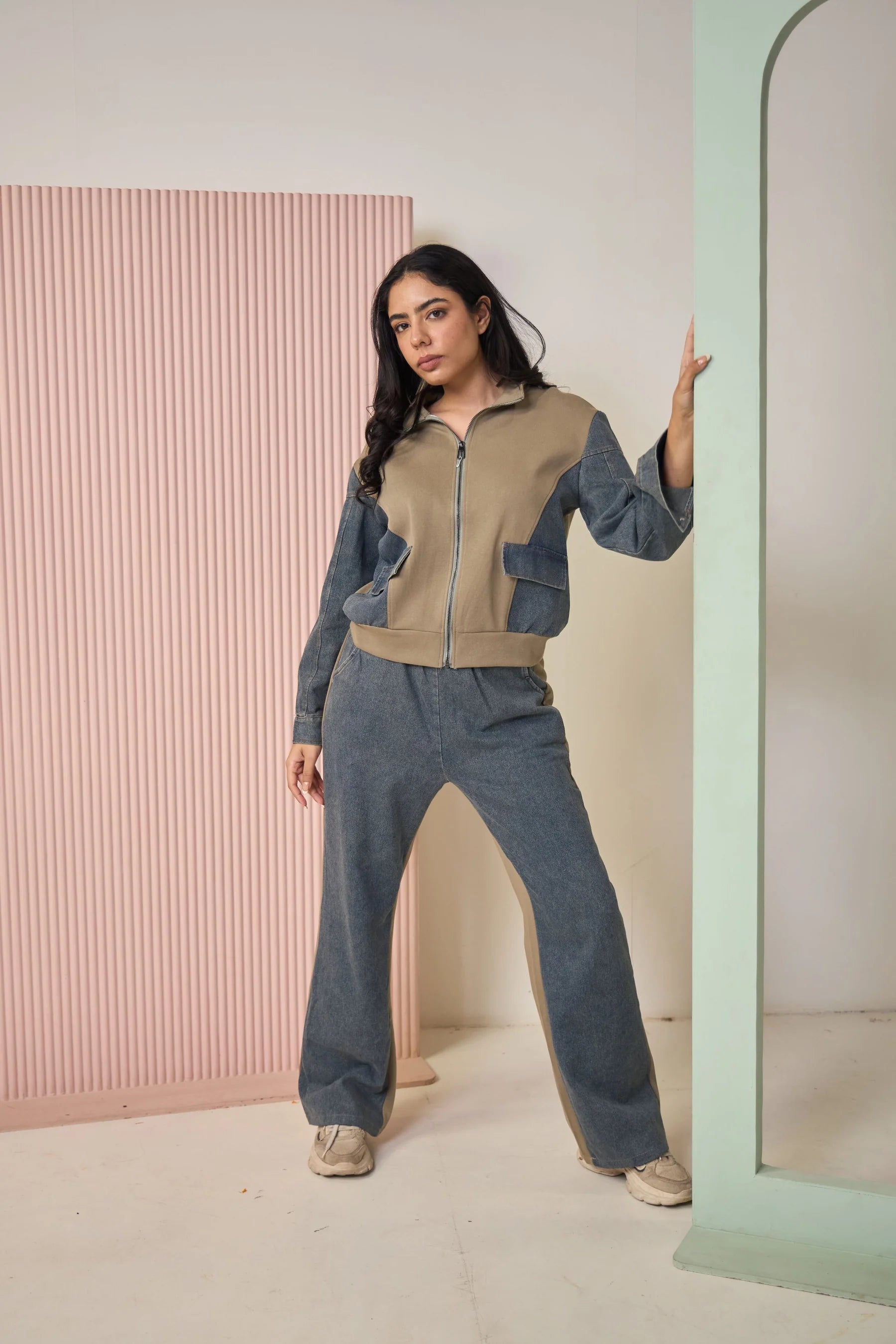 Lara Denim Look Stitching Jacket Girls Spring And Autumn  Wide Leg Long Pants Two-Piece Co-Ord Set