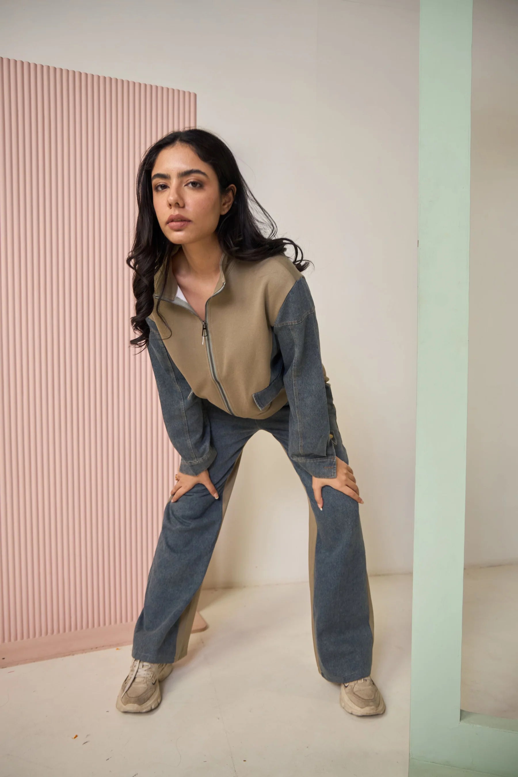 Lara Denim Look Stitching Jacket Girls Spring And Autumn  Wide Leg Long Pants Two-Piece Co-Ord Set