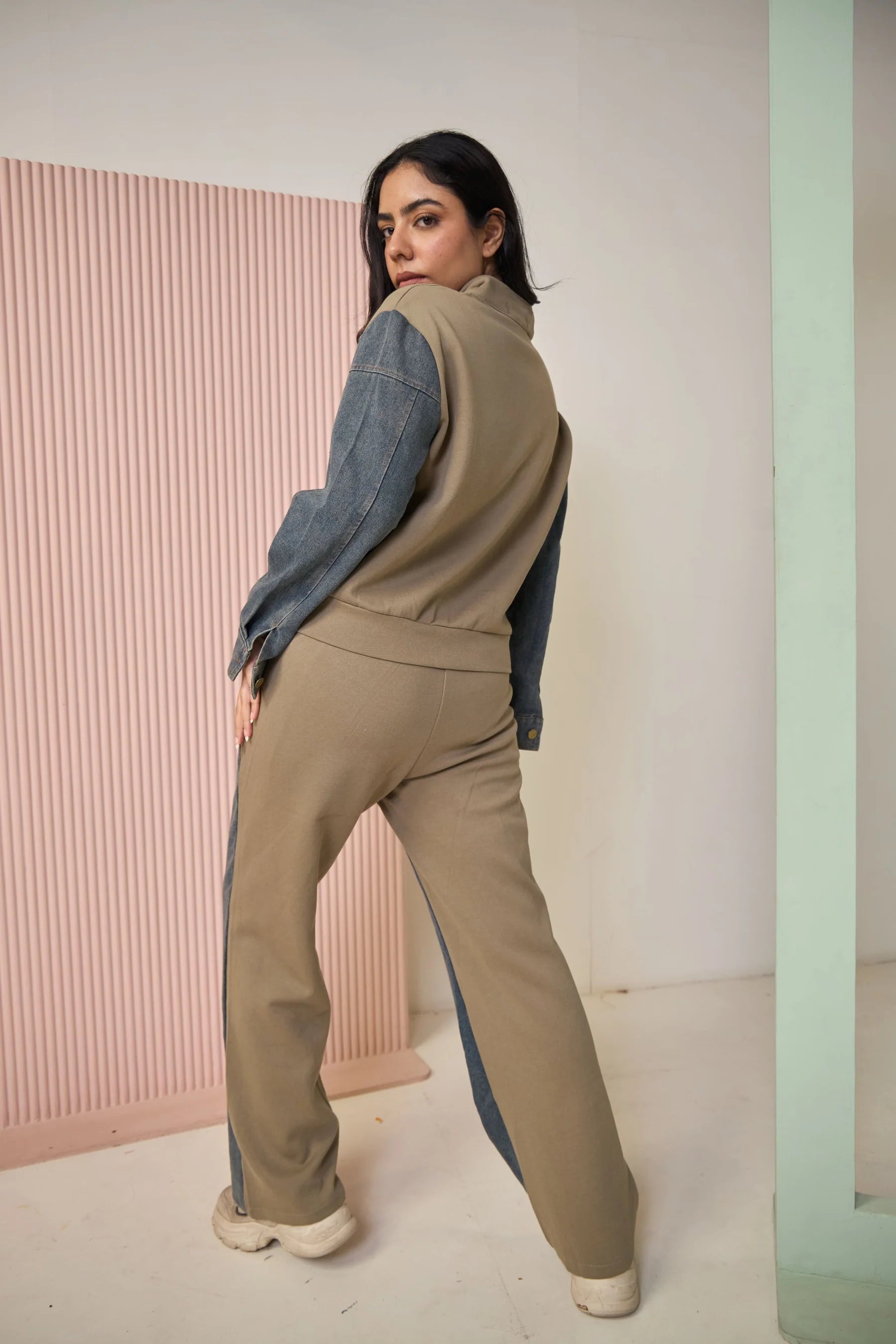 Lara Denim Look Stitching Jacket Girls Spring And Autumn  Wide Leg Long Pants Two-Piece Co-Ord Set