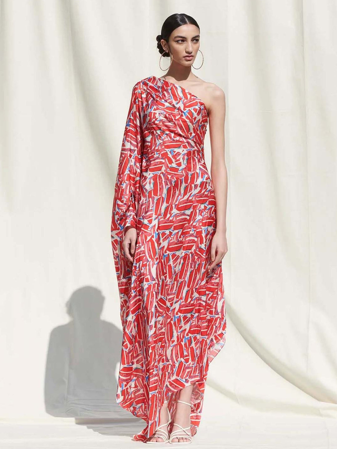 Abstract Printed One Shoulder Extended sleeves Silk Satin Kaftan Maxi Dress