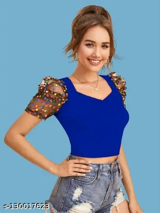 Royal blue Short Sleeve Solid Crop Top For Girls & Women's