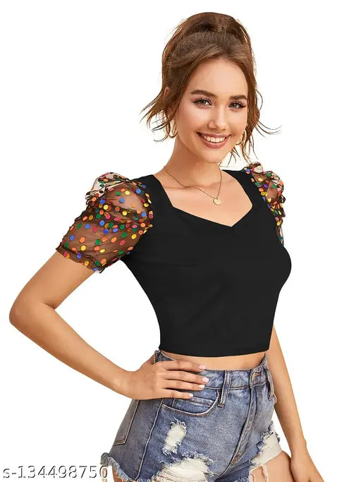 Black Short Sleeve Solid Crop Top For Girls & Women's