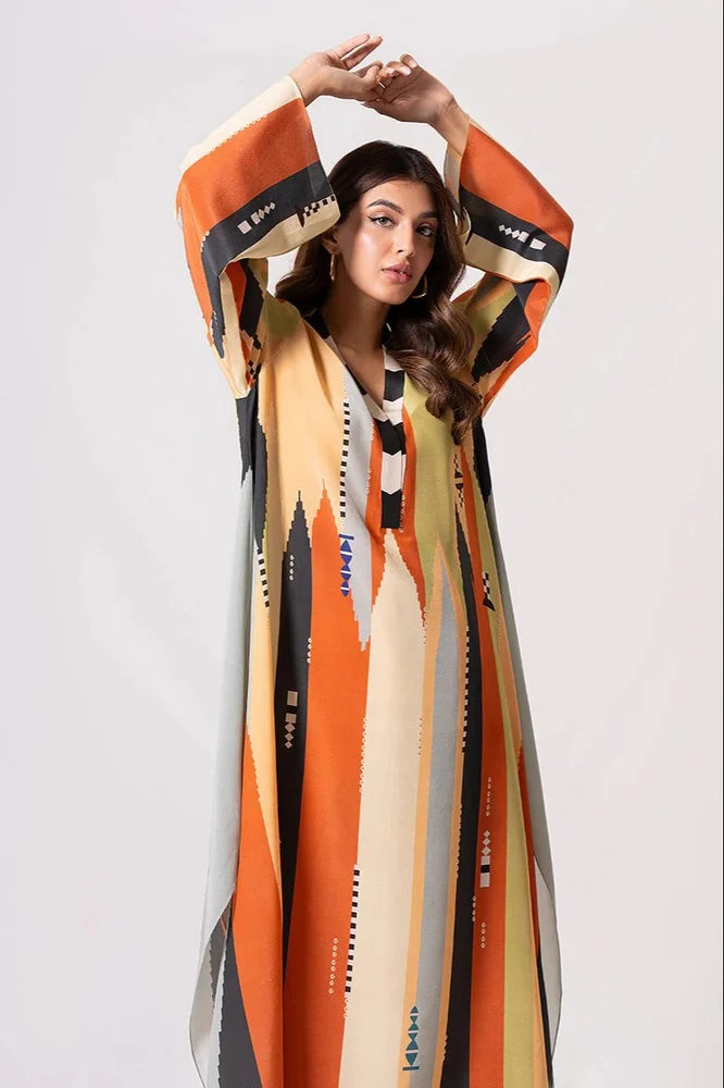 Multi Color Modern Geometric Orange & Yellow Fusion Kaftan Dress With Pants Co-Ord Set