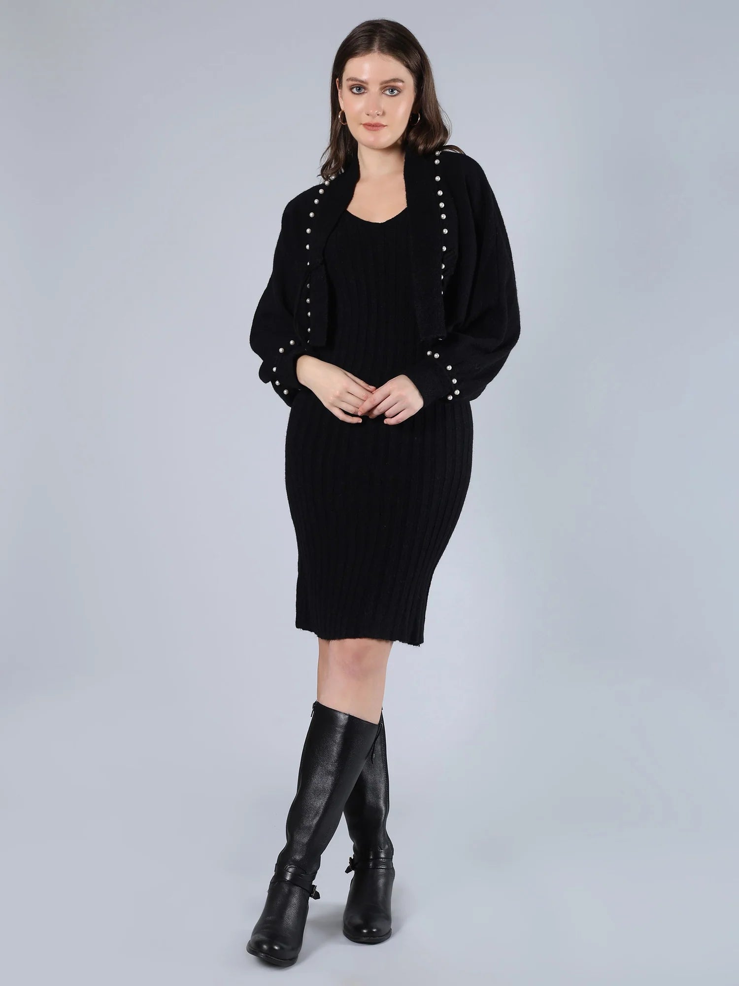 Women Beaded Frog Button V Neck Knitted Sweater Cardigan Sleeveless 2 Pcs Dress