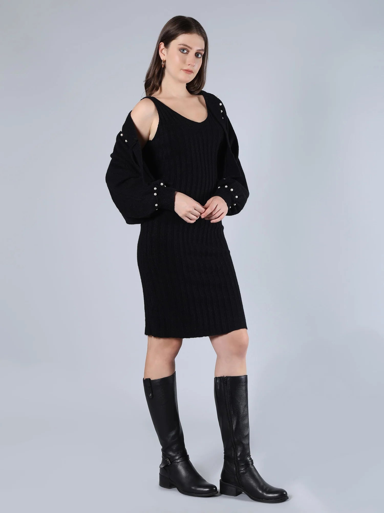 Women Beaded Frog Button V Neck Knitted Sweater Cardigan Sleeveless 2 Pcs Dress