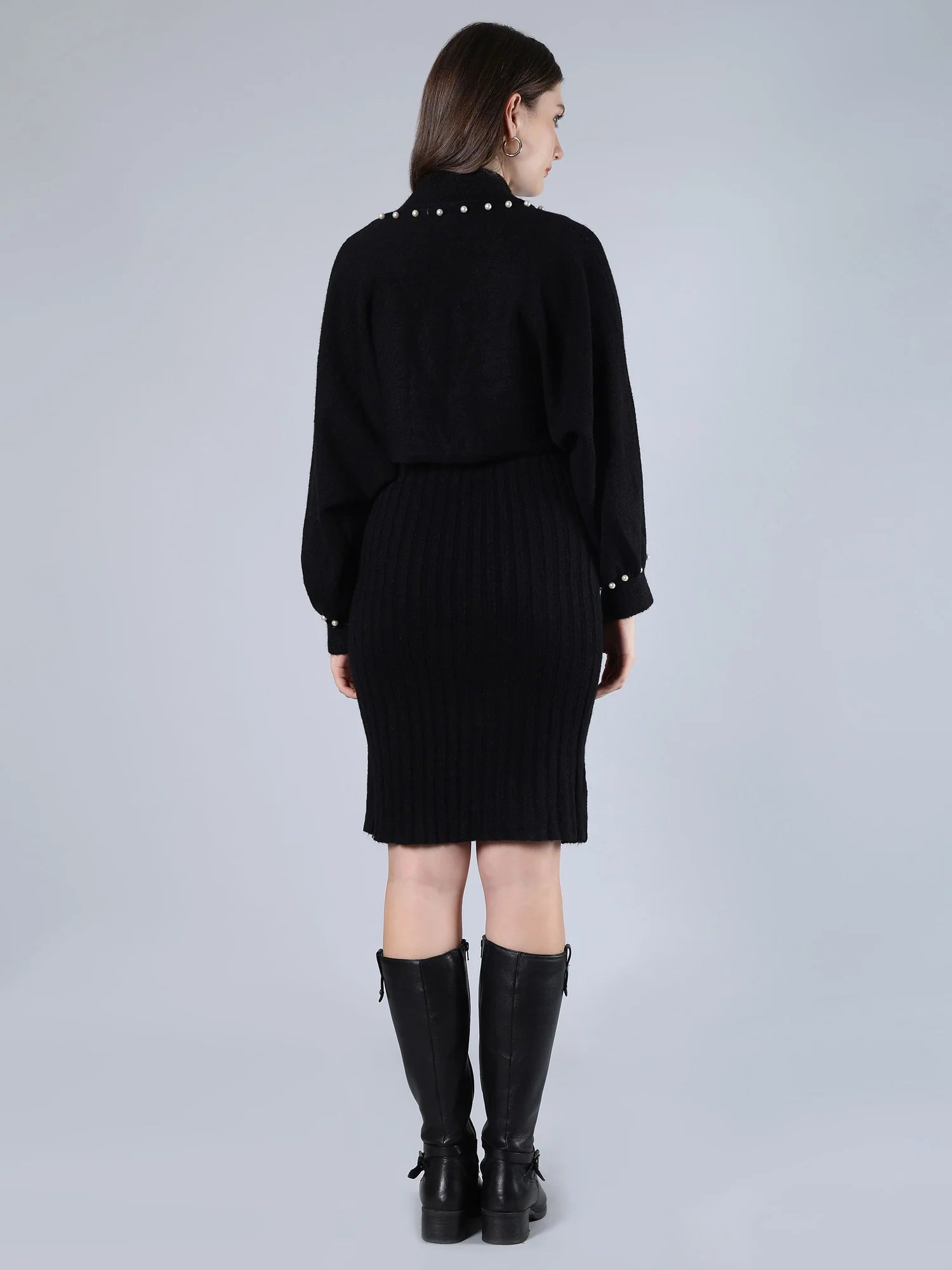 Women Beaded Frog Button V Neck Knitted Sweater Cardigan Sleeveless 2 Pcs Dress