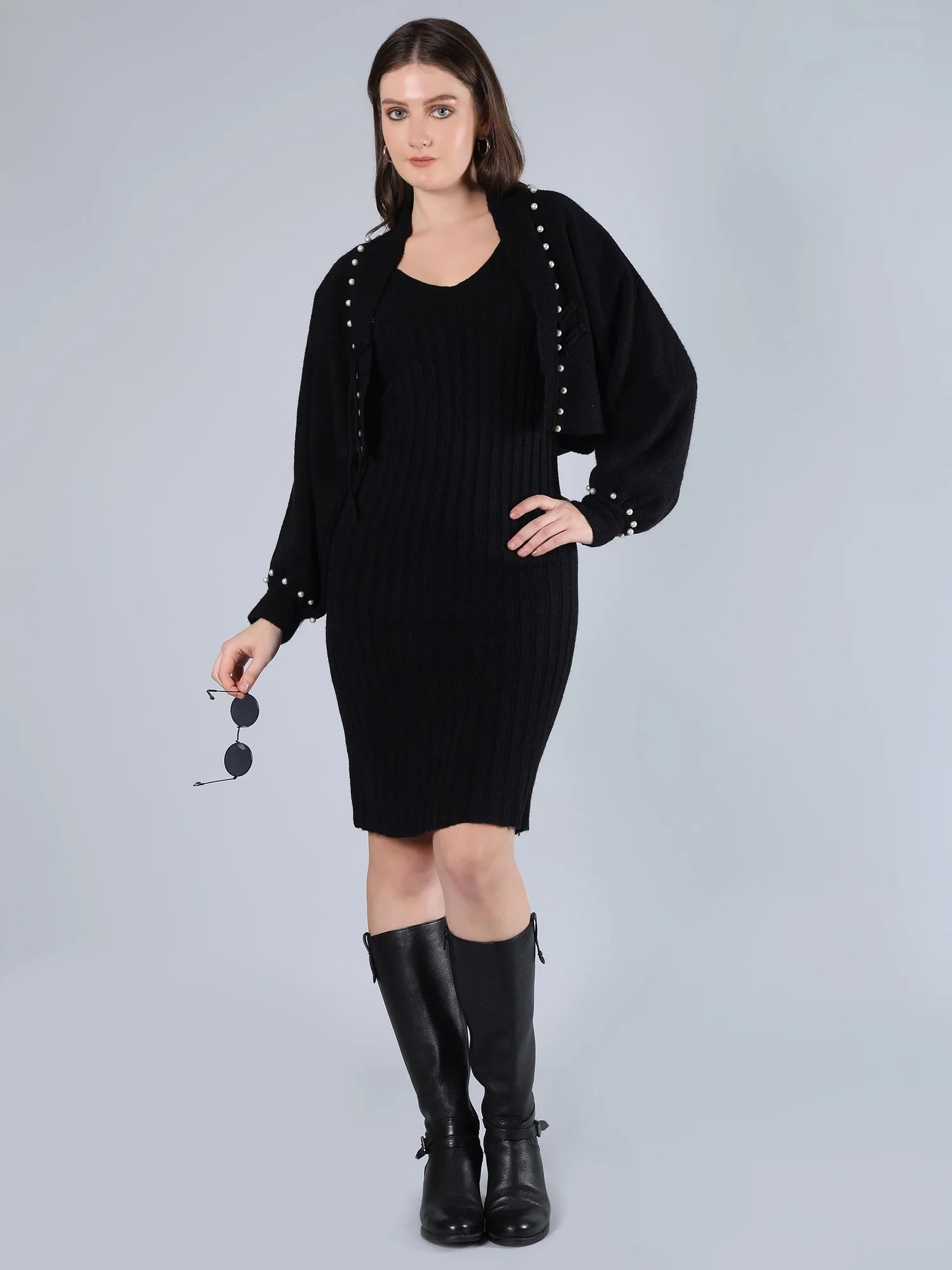 Women Beaded Frog Button V Neck Knitted Sweater Cardigan Sleeveless 2 Pcs Dress