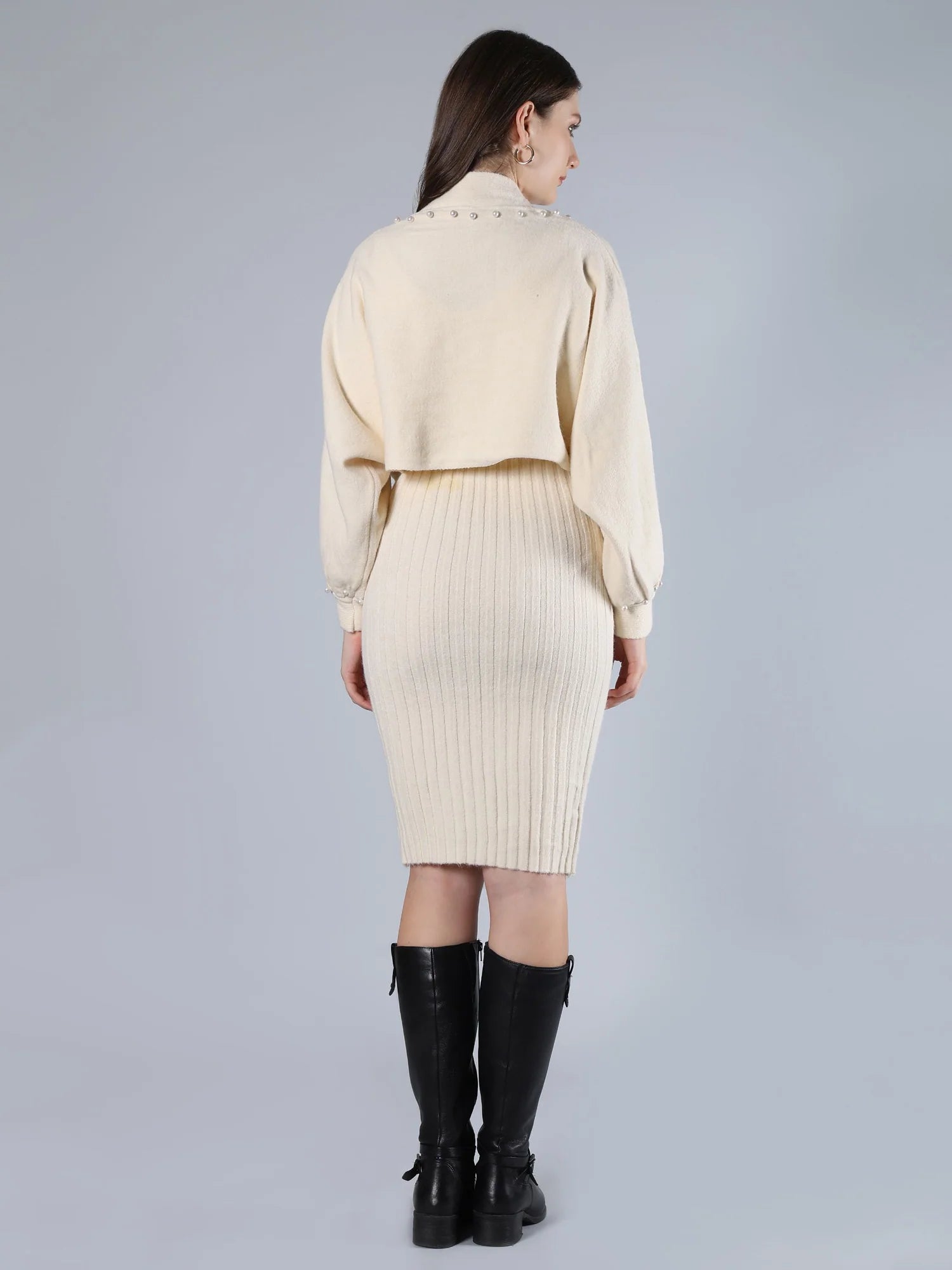 Women Beaded Frog Button V Neck Knitted Sweater Cardigan Sleeveless 2 Pcs Dress