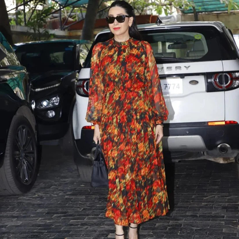 Pleated Red Floral Printed Midi Dress