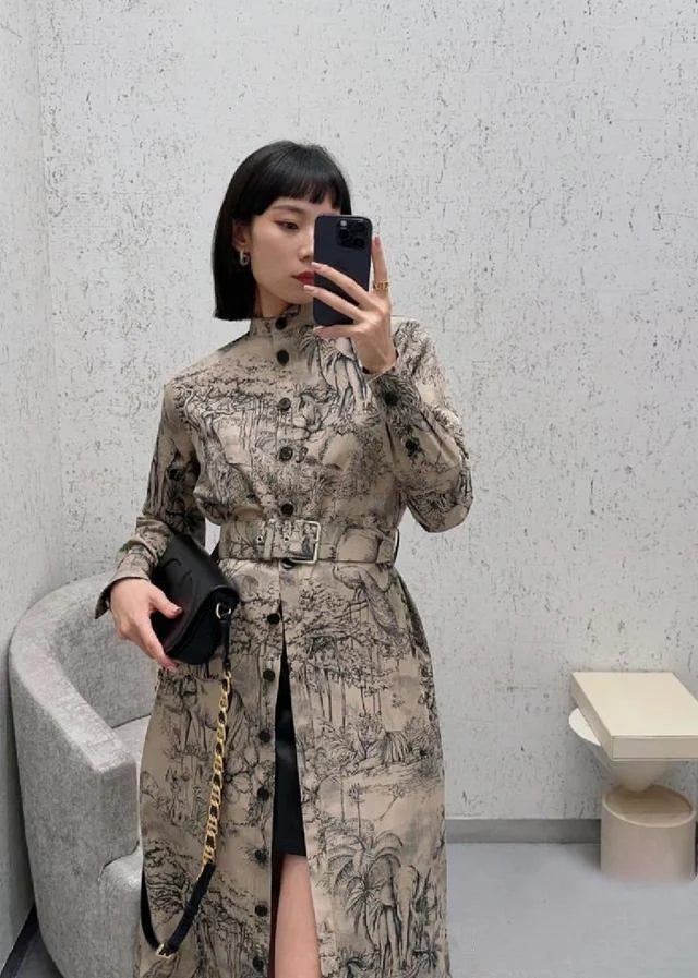 Elegant Long-Sleeve Trench Dress With Intricate Nature Print