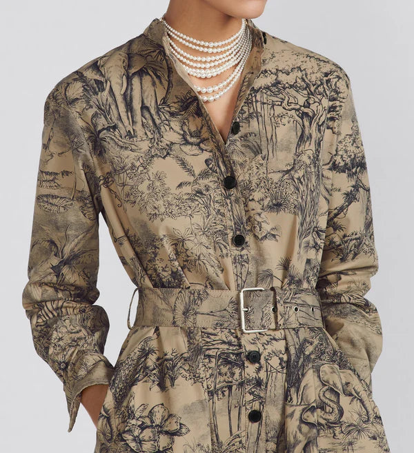 Elegant Long-Sleeve Trench Dress With Intricate Nature Print
