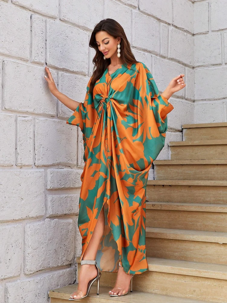 Women's Elegant Calf-Length Kaftan with Vibrant Floral Print, Crafted from Luxurious Milk Silk Fabric