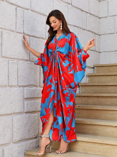 Women's Calf-Length Plus Size Kaftan with Vibrant Floral Print - Luxurious Milk Silk Fabric for Casual.