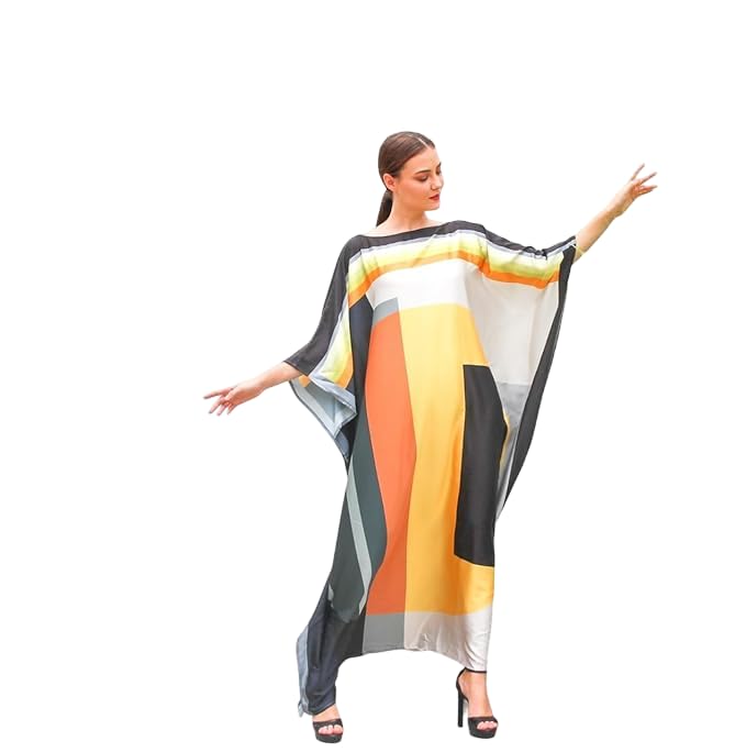 Geometric Printed Soft Silk Long Women Wear Kaftan