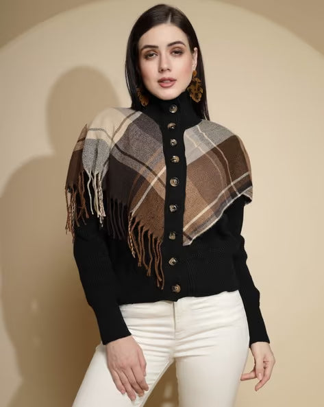 Esther Plaid Cape Knitted High Neck Down Button Poncho Sweater