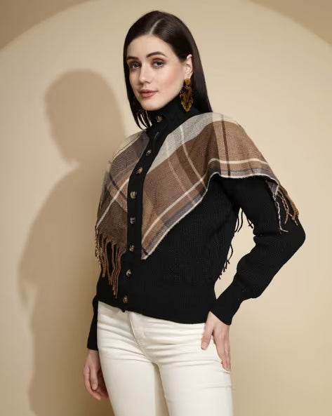 Esther Plaid Cape Knitted High Neck Down Button Poncho Sweater